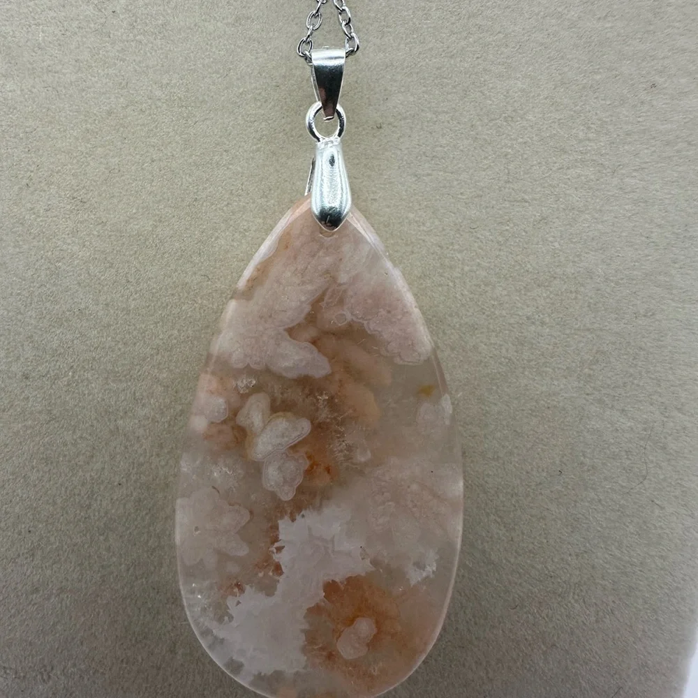 Flower Agate Teardrop Pendant Necklace - Picture 5 of 11